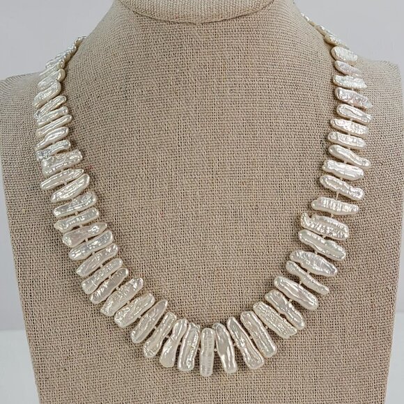 925 Sterling Silver White Biwa Pearl Beaded Necklace 17 in Spring Ring Clasp